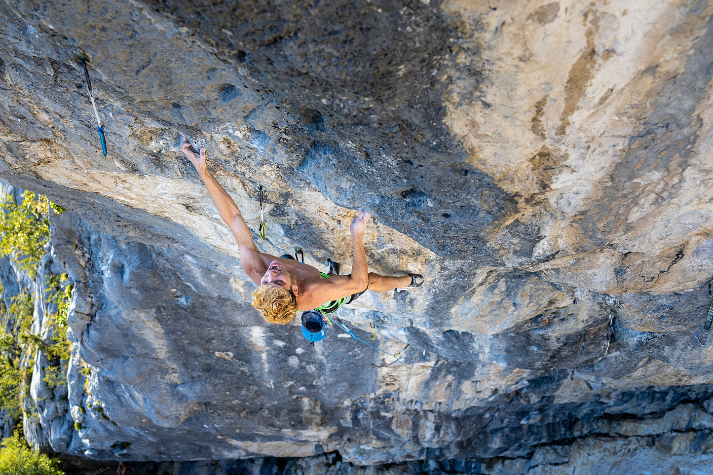 Print of Mejdi Schalck climbing Bio Sharma Graphie 9a in Rocher de Bevreau, France.