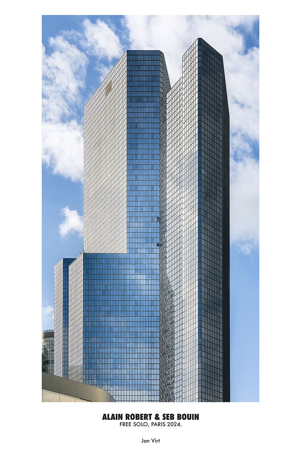 Climbing Poster of alain Robert and Seb Bouin Free Soloing building in Paris, France.