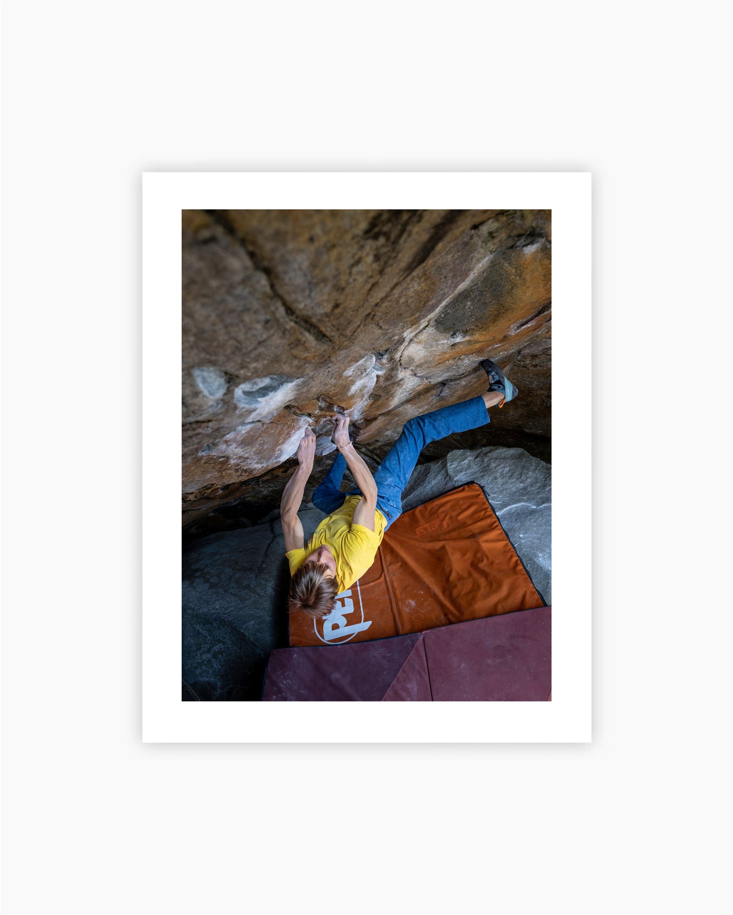 Print of Alex Megos climbing Frogger 8A in Brione, Switzerland.