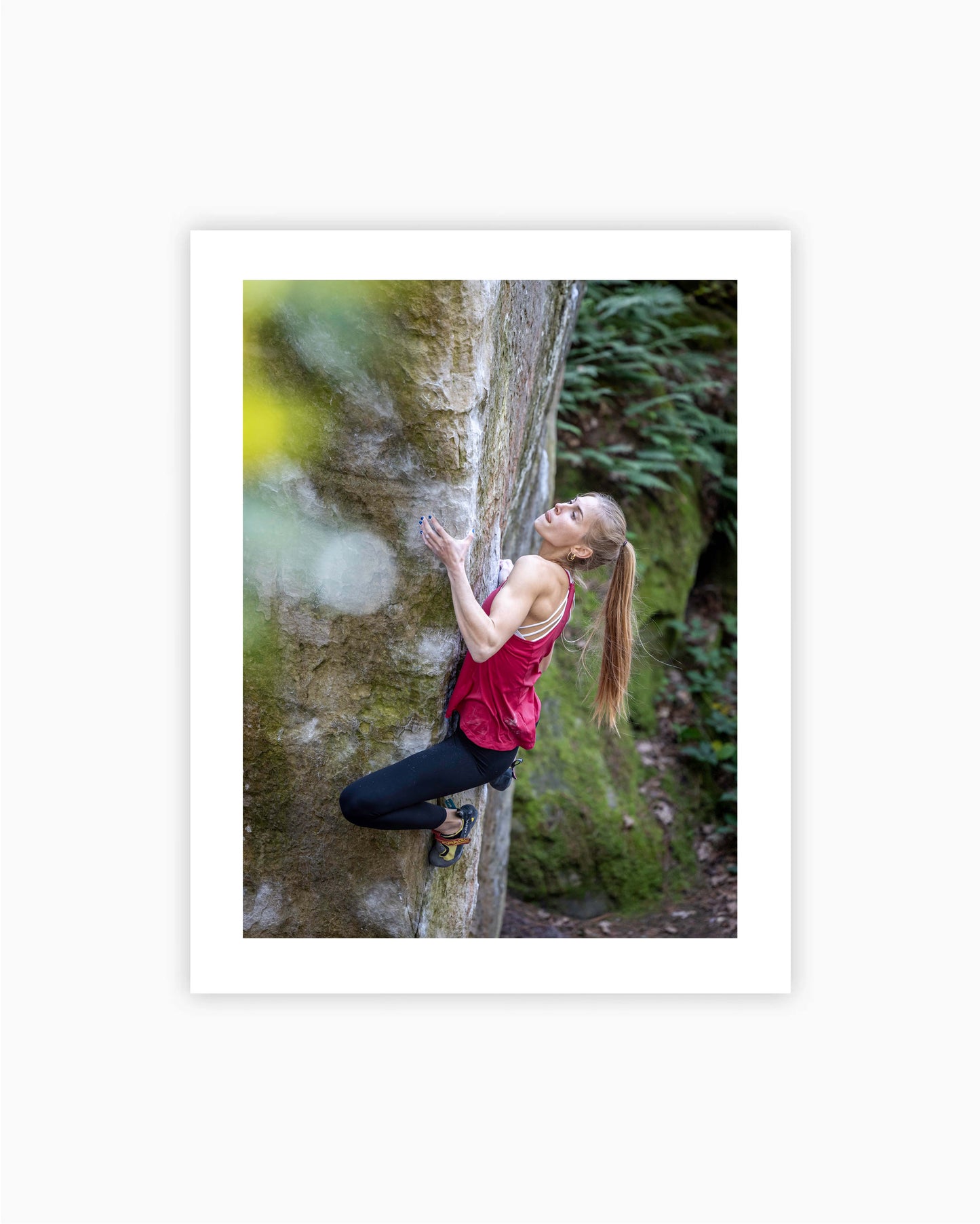 Print of Hannah Meul climbing Partage boulder. Fontainebleau, France 2021.
