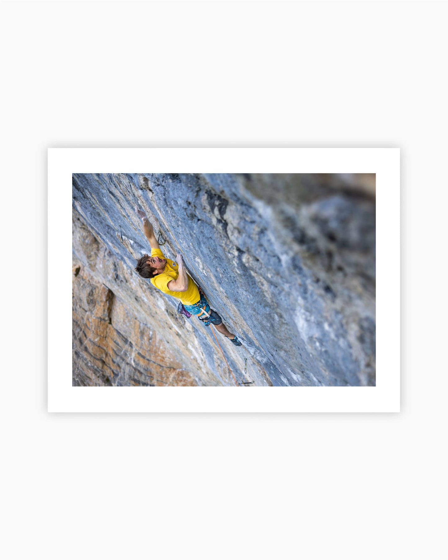 Print of Hugo Parmentier climbing Hyper Finale 9a+ in Rawyl, Switzerland.
