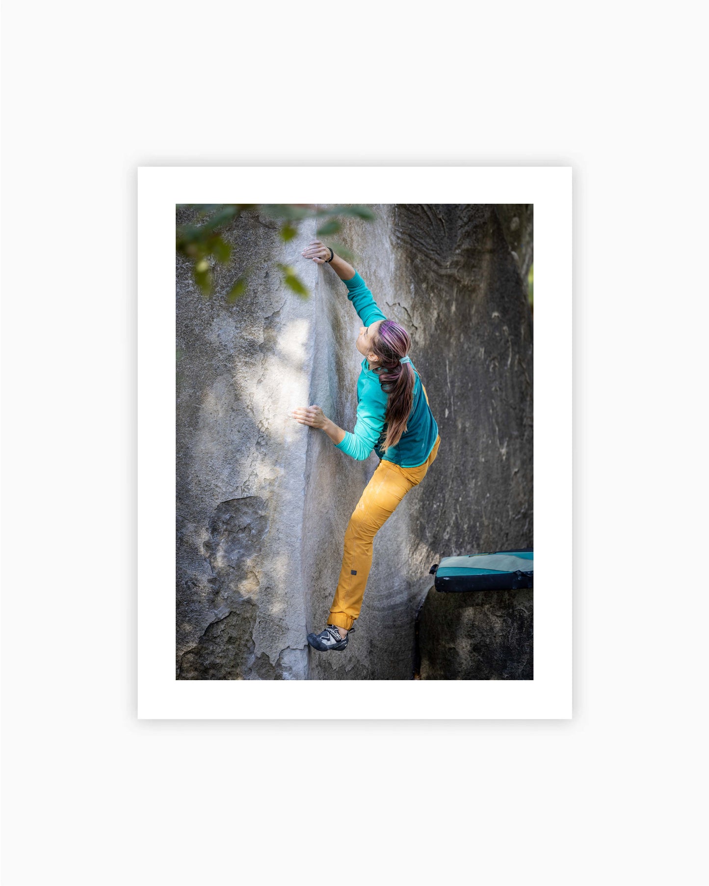 Print of Jenya Kazbekova climbing L’Angle Ben’s boulder. Fontainebleau, France 2021.
