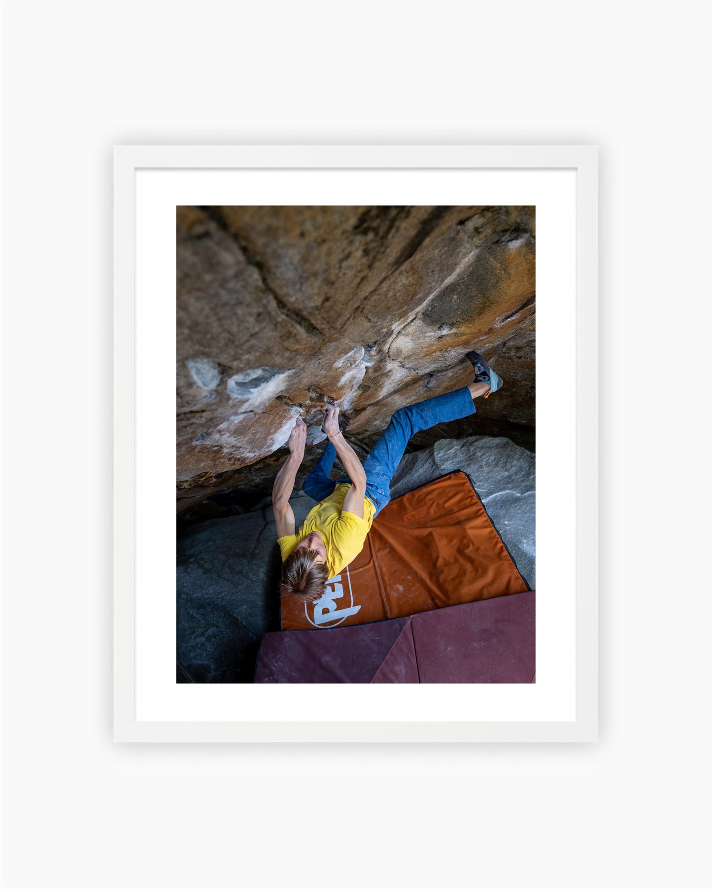 Framed print of Alex Megos climbing Frogger 8A in Brione, Switzerland.