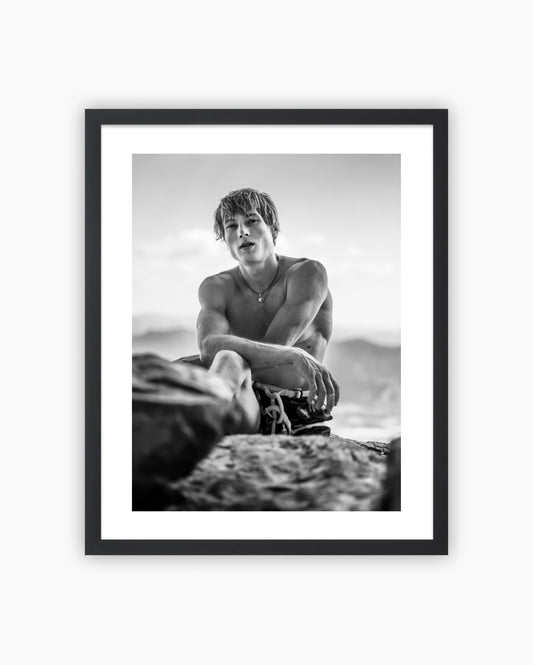 Framed print of Alex Megos, portrait in Céüse, France, 2022.