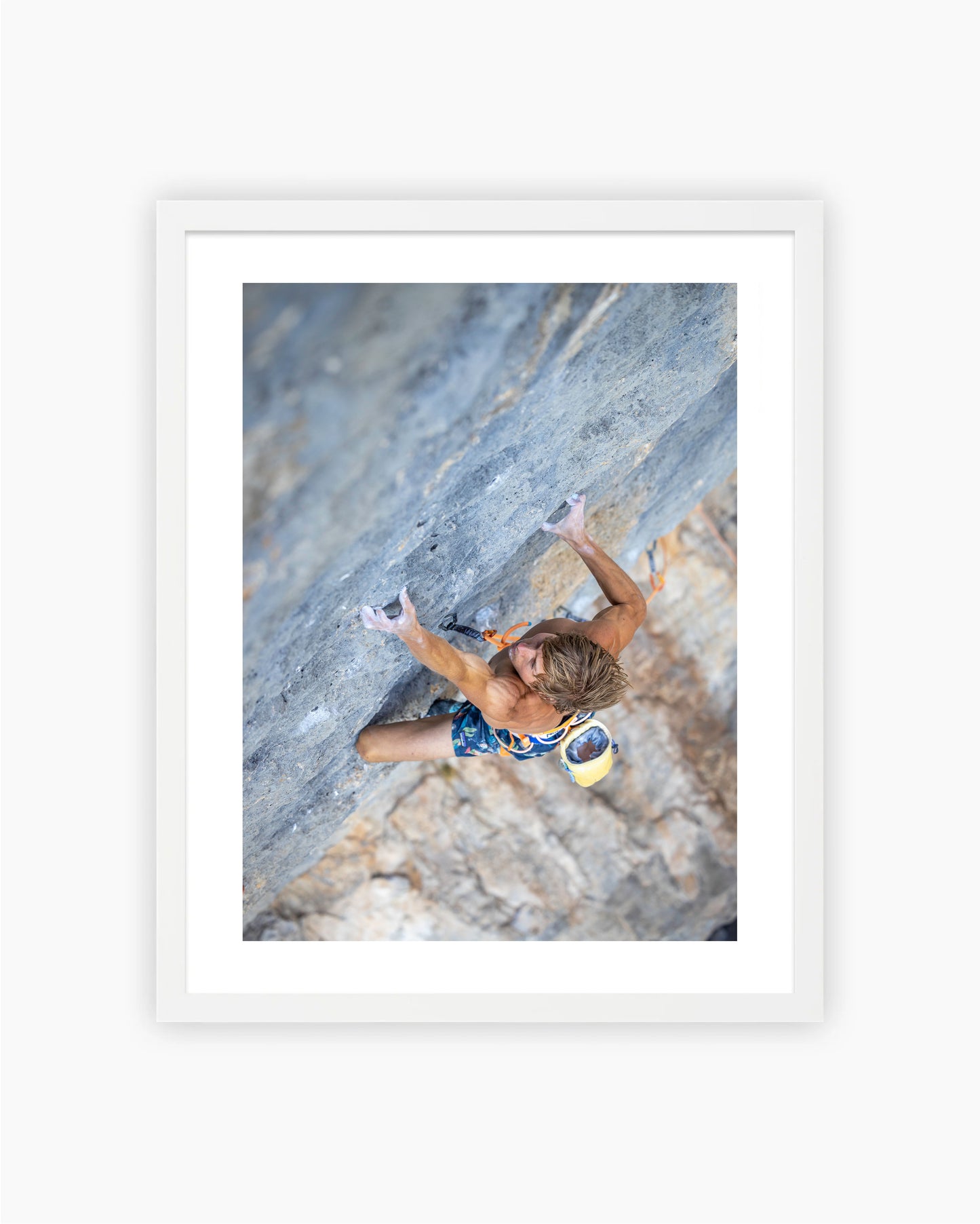 Framed print of Alex Megos climbing Ratstaman Vibrations 9b in Céüse, France, 2022.