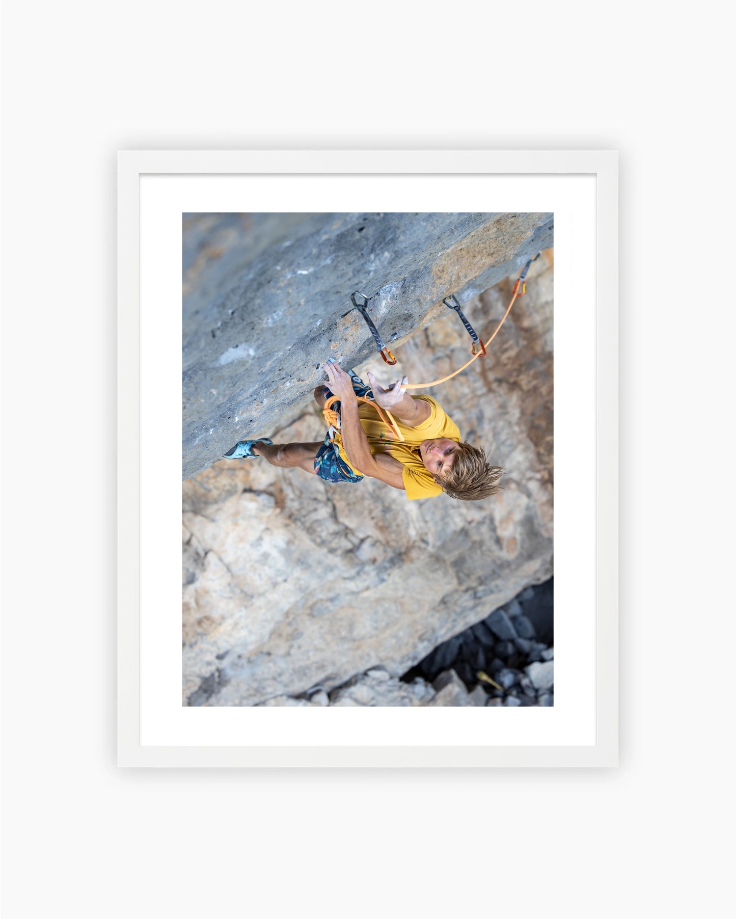 Framed print of Alex Megos climbing Ratstaman Vibrations 9b. Céüse, France 2022.