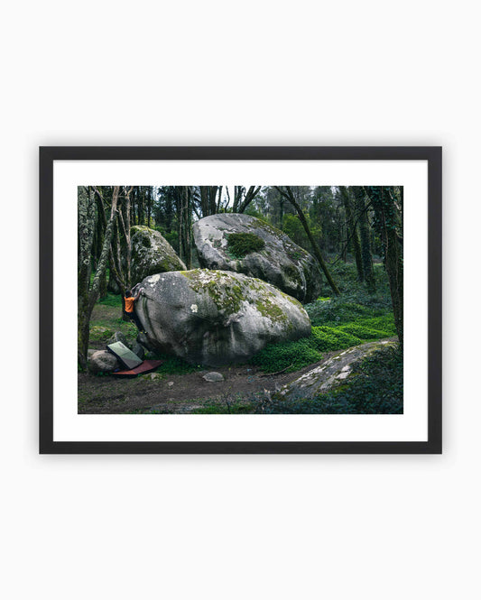 Framed print of Andrew King climbing TNT boulder in Sintra, Portugal.
