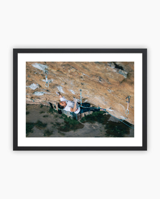 Framed print of Chaehyun Seo climbing Open Your Mind Direct 9a/+ in Santa Linya, Spain.