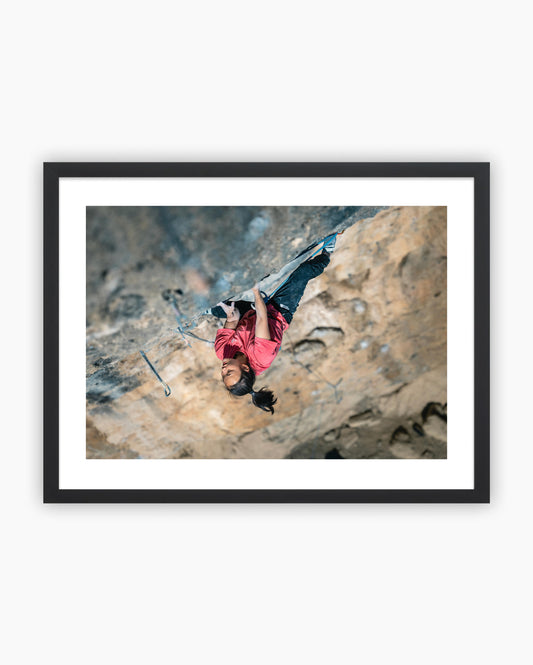 Framed climbing print of Chaehyun Seo climbing Papichulo 9a+ in Oliana, Spain.