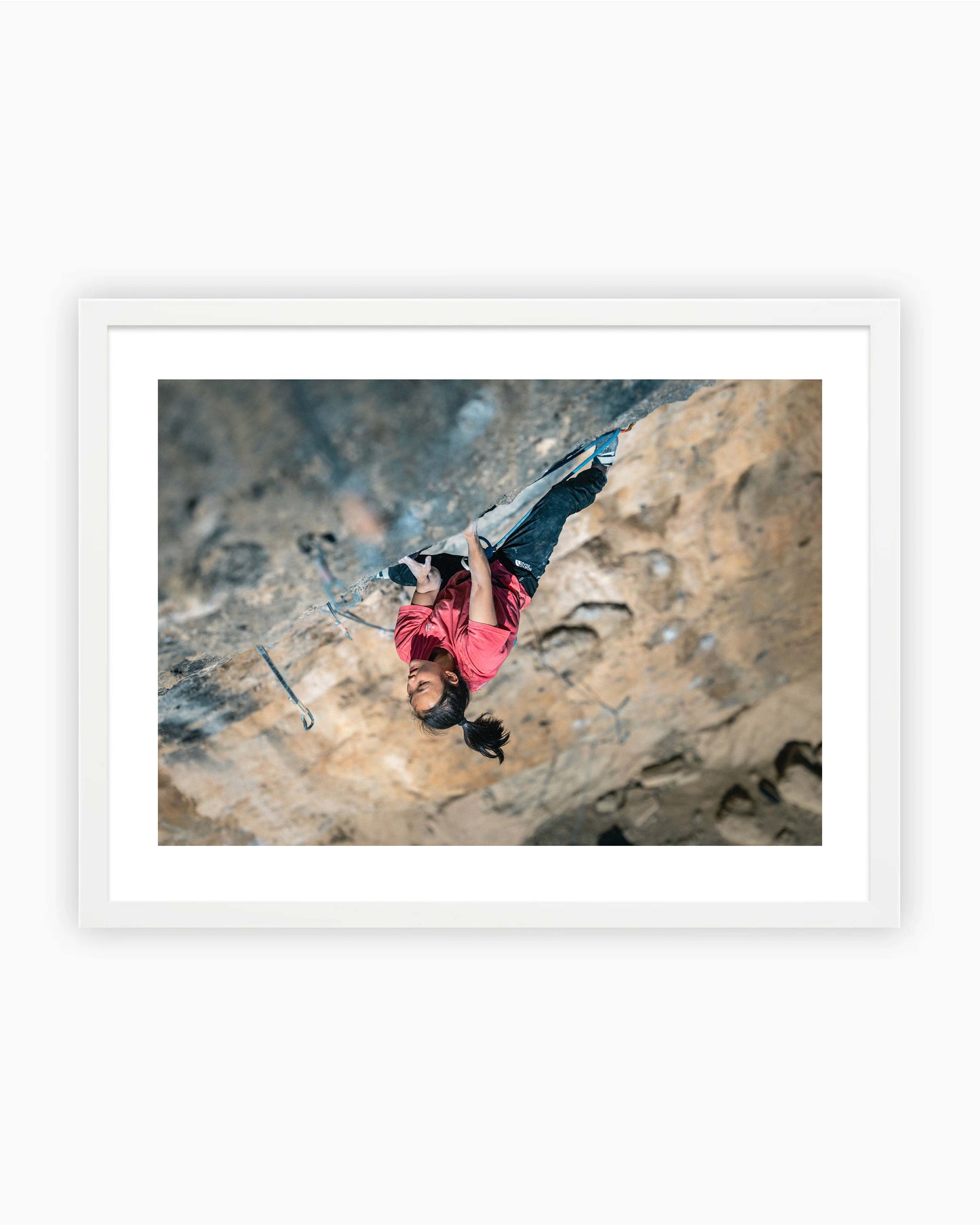 Framed climbing print of Chaehyun Seo climbing Papichulo 9a+ in Oliana, Spain.