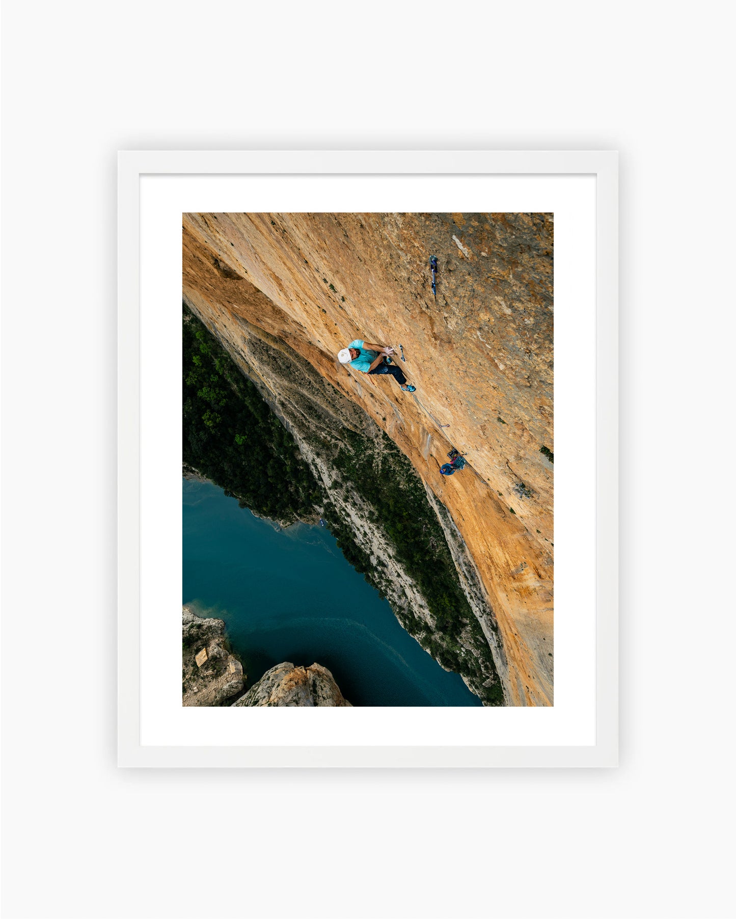 Chris Sharma climbing print in white wood frame, Congost de Mont-rebei, Spain - by Jan Virt