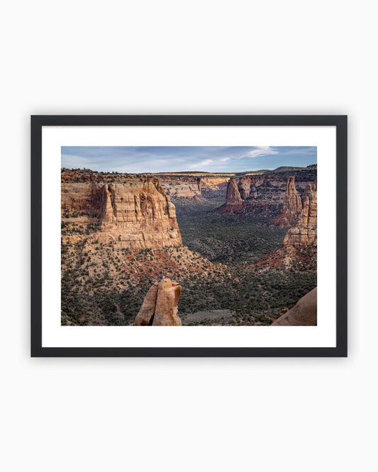 Framed print of climbers on the summit of Sentinel Spire. Colorado National Monument, USA.