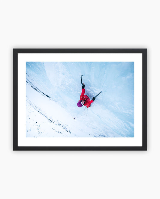 Framed print of Fay Manners ice climbing in Senja, Norway.