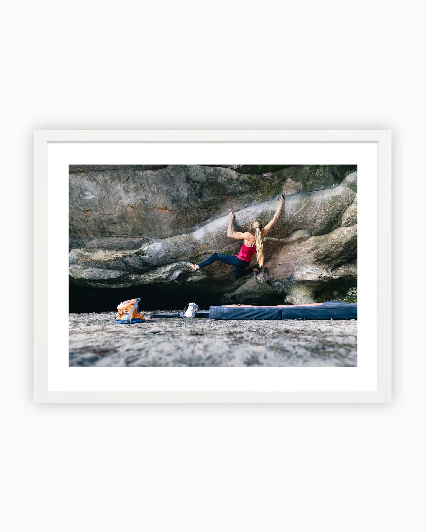 Framed print of Hannah Meul climbing Atomic Playboy boulder. Fontainebleau, France 2021.