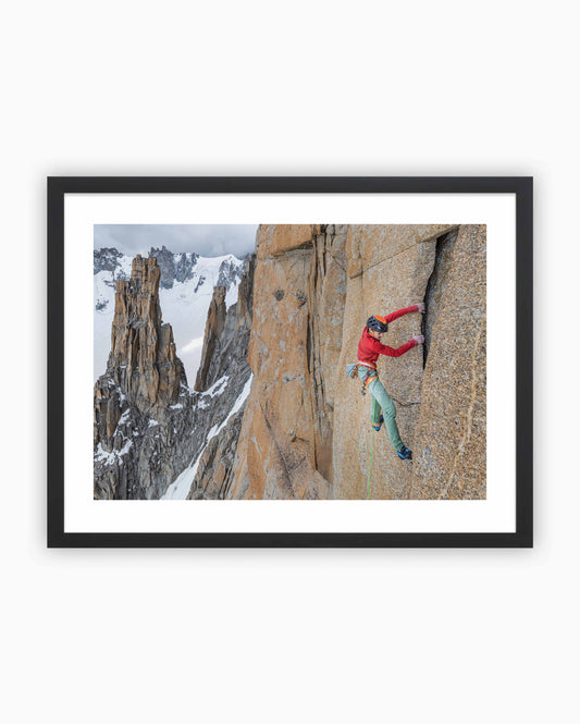 Framed print of Hugo Parmentier climbing Voie Petit on Grand Capucin in Chamonix, France.