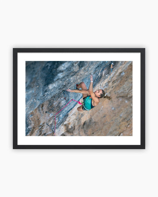 Framed print of Jessica Pilz climbing Papichulo 9a+ in Oliana, Spain.