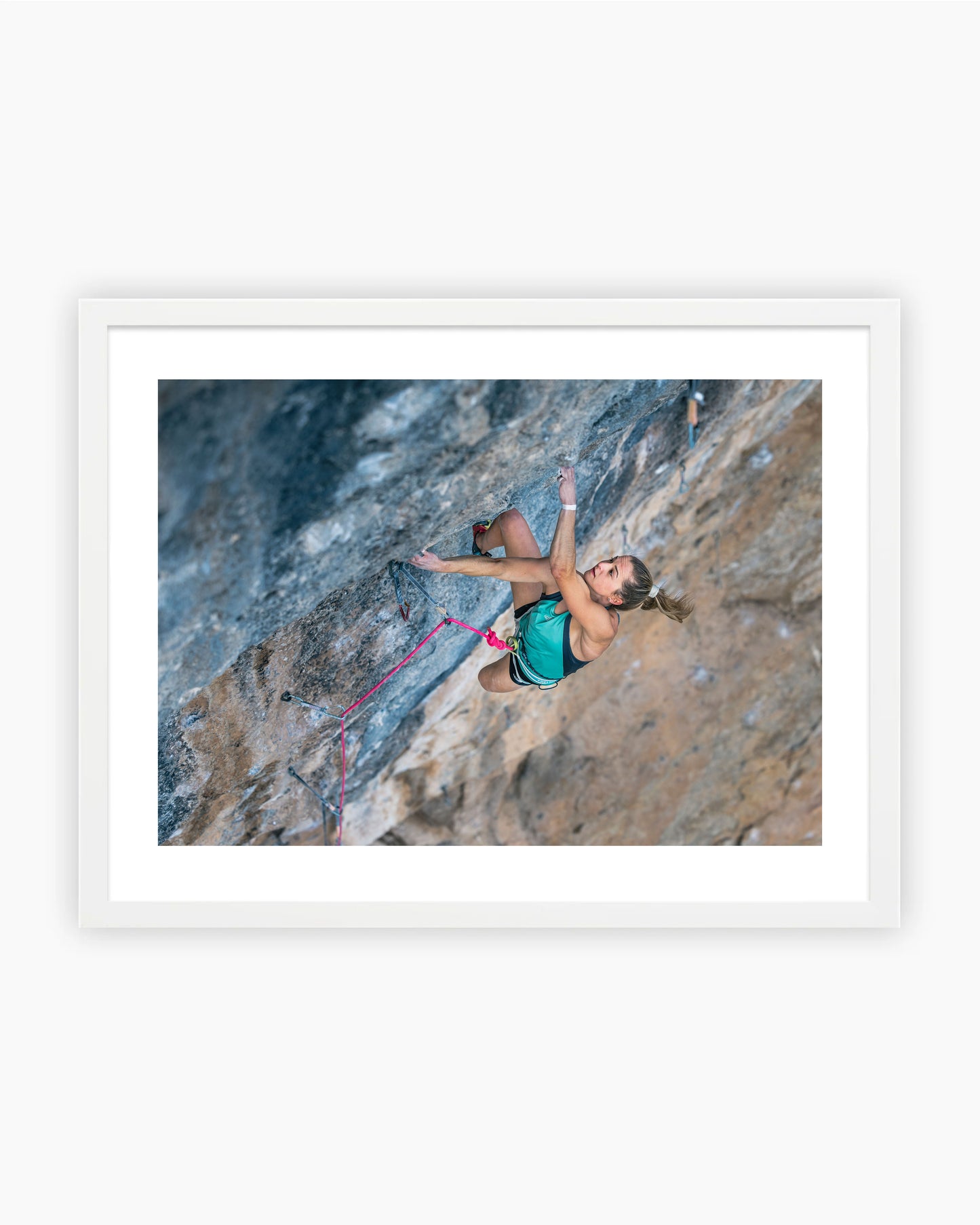 Framed print of Jessica Pilz climbing Papichulo 9a+ in Oliana, Spain.
