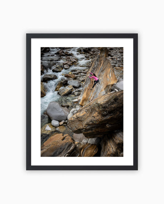 Framed print of Rose climbing Riverside boulder. Brione, Ticino, Switzerland 2021.