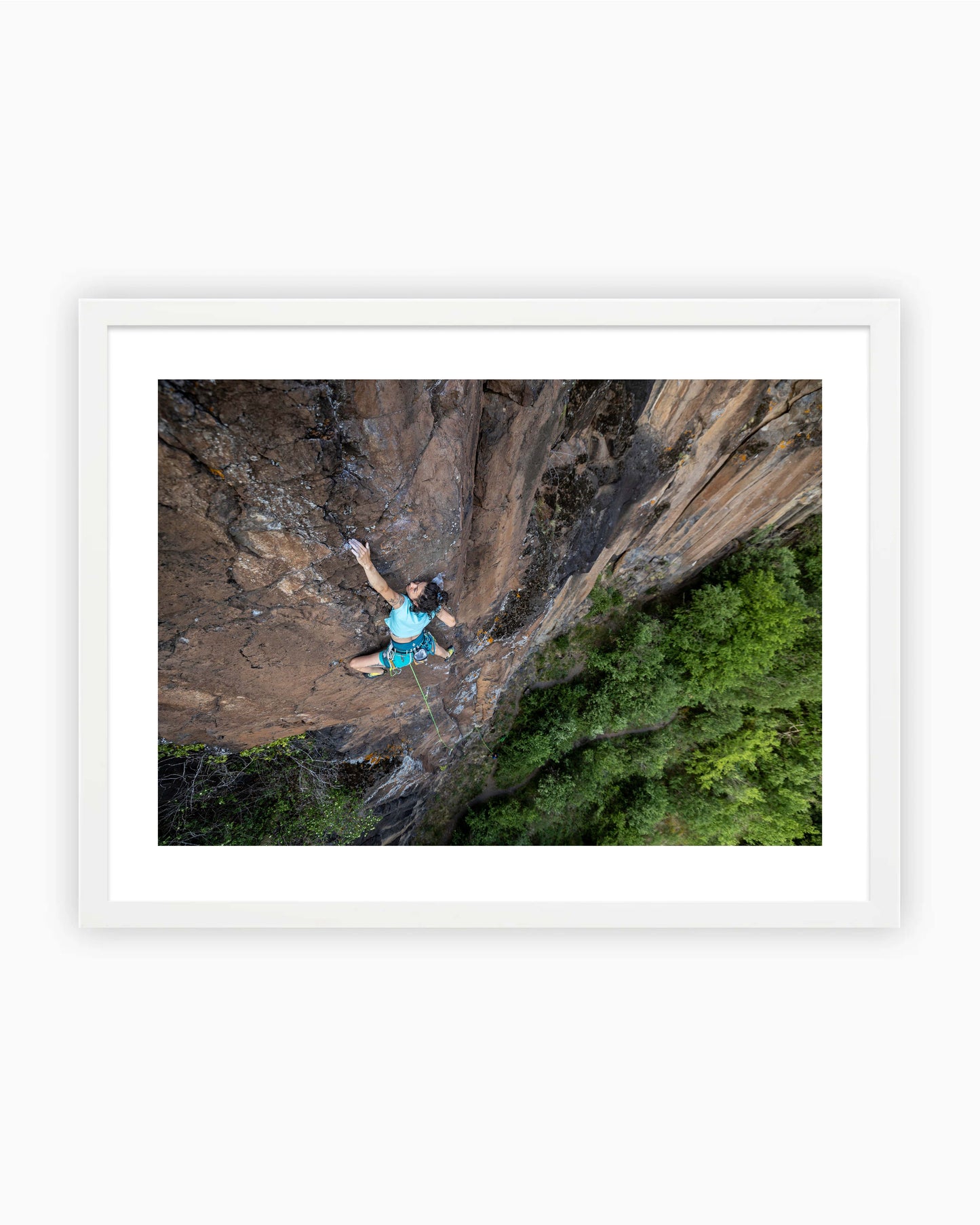 Framed print of Sarah climbing in Pradel, France.