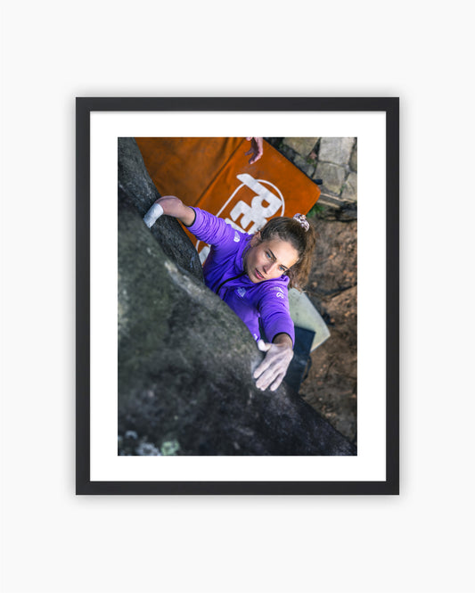 Framed print of Solenne Piret bouldering in Fontainebleau.
