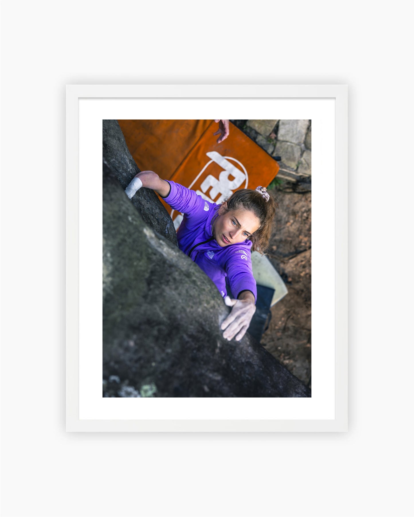 Framed print of Solenne Piret bouldering in Fontainebleau.