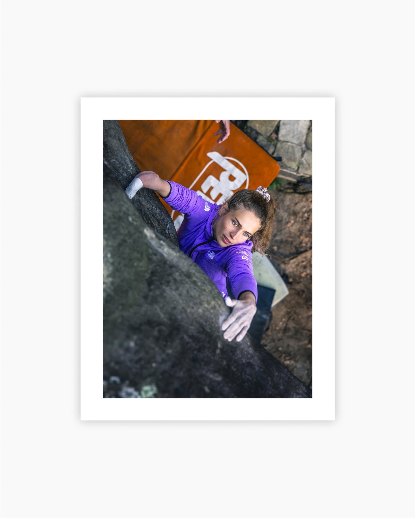 Print of Solenne Piret bouldering in Fontainebleau.