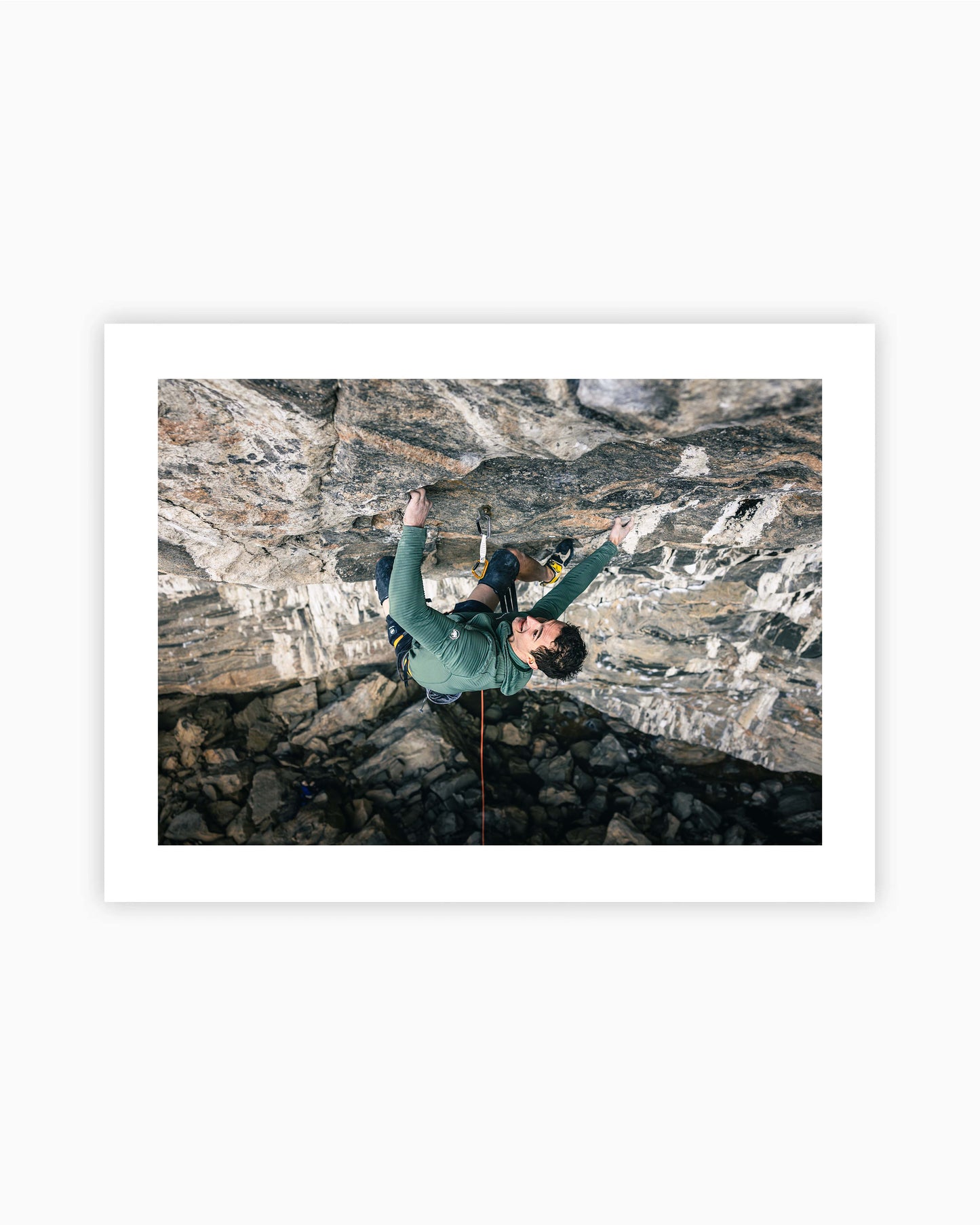 Print of Adam Ondra climbing Project B.I.G. in Flatanger, Norway.