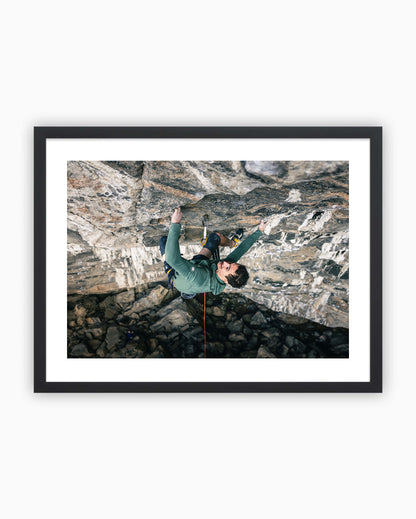 Framed print of Adam Ondra climbing Project B.I.G. in Flatanger, Norway.