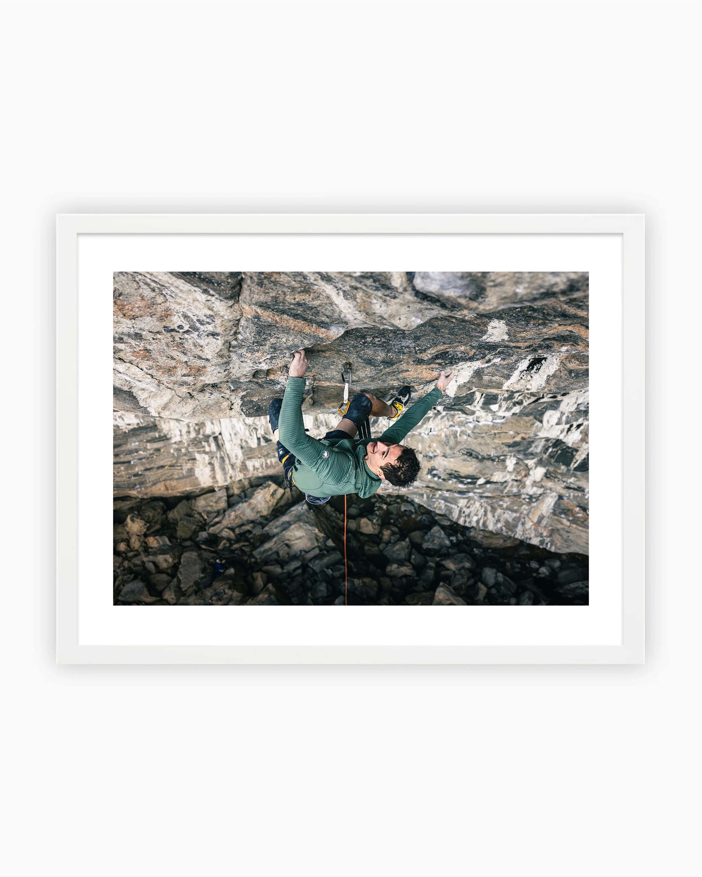 Framed print of Adam Ondra climbing Project B.I.G. in Flatanger, Norway.