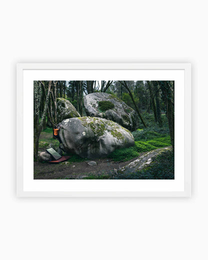 Framed print of Andrew King climbing TNT boulder in Sintra, Portugal.