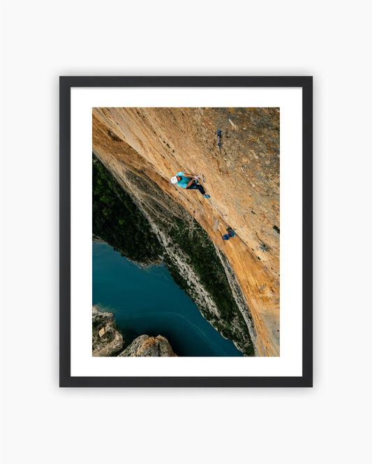 Chris Sharma climbing print in black wood frame, Congost de Mont-rebei, Spain - by Jan Virt