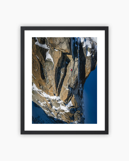 Print of Fay Manners and Ella Wright climbing La Muse de Trient, Tête de Biselx, Swiss Alps, first ascent April 2026. Photo: Jan Virt