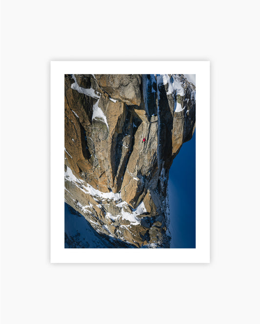 Print of Fay Manners and Ella Wright climbing La Muse de Trient, Tête de Biselx, Swiss Alps, first ascent April 2026. Photo: Jan Virt